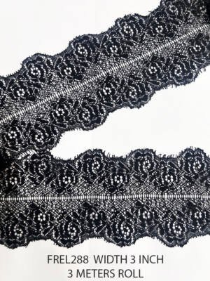 Black Chantilly lace trim roll, 3-inch width, 3-meter length, FREL288