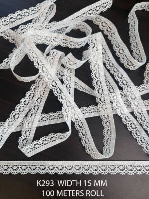 K293 fine white cotton crochet lace 15mm dyeable quality 100 meters roll