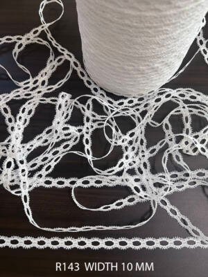 R143 fine raschel nylon lace 10mm dyeable ribbon pass hole lace white