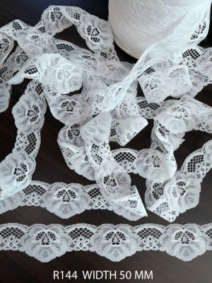 R144 raschel flower lace trim 50mm white dyeable floral lace border fine lace per meter