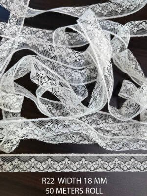 R22 Raschel white dyeable nylon lace trim, 18mm width, 50m roll