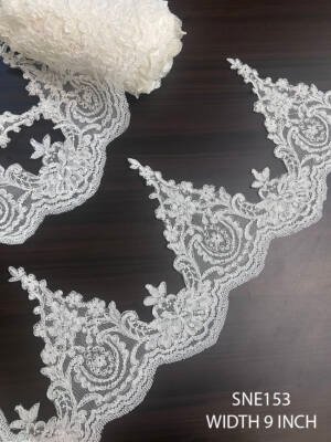 SNE153 pretty cording net embroidered lace 9 inch bridal designer lace border