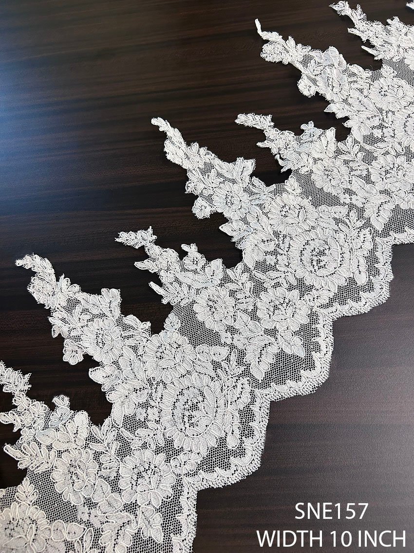Luxury bridal wide net embroidery lace with cording, 10 inch width, sold per meter
