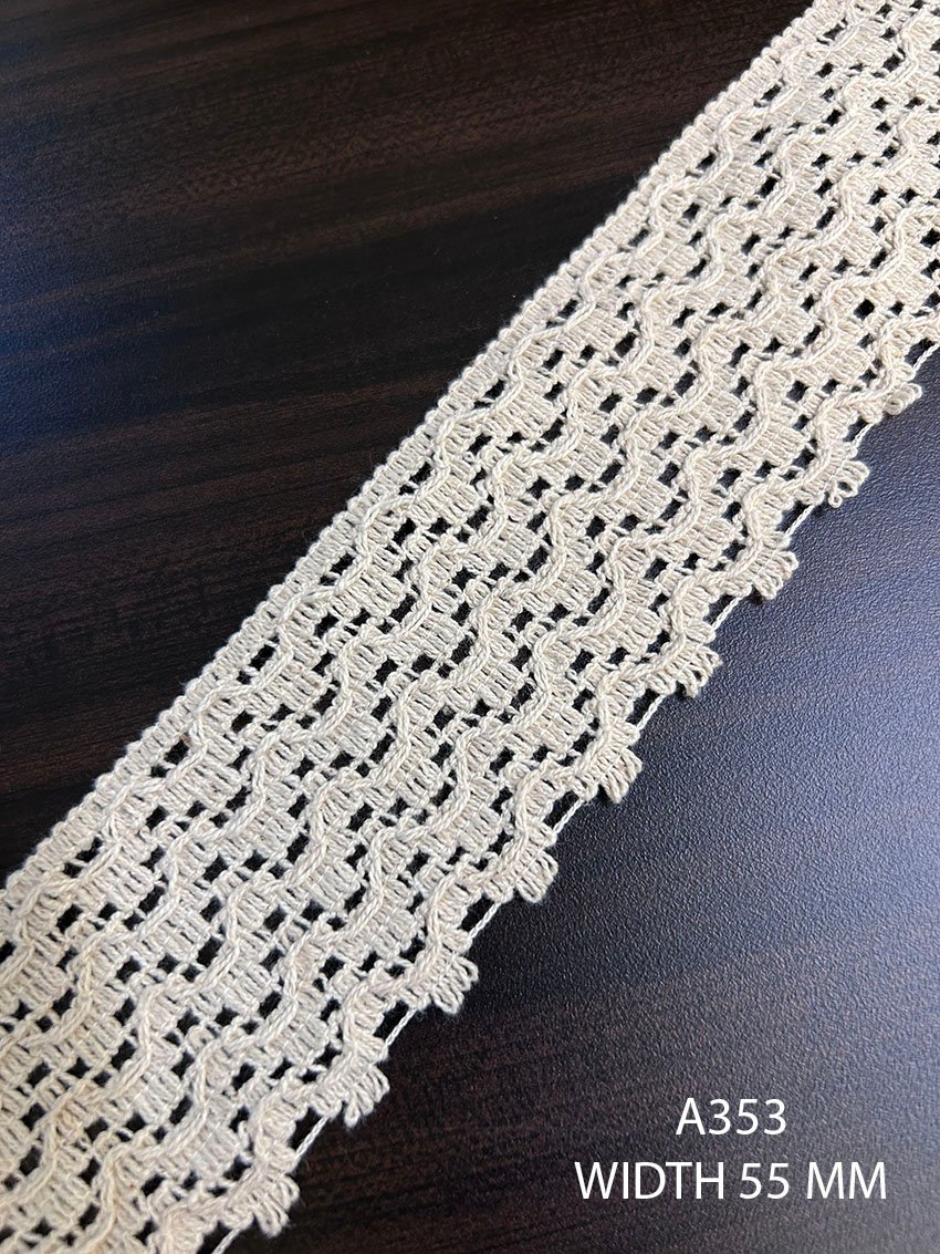 Griege dyeable cotton lace trim, 55 mm width, sold per meter