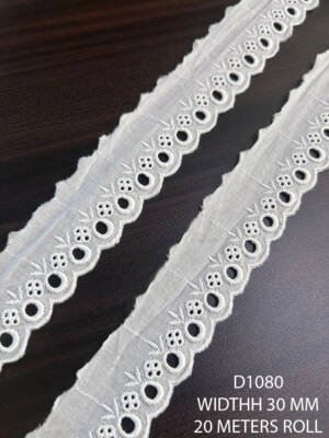 White cambric fabric embroidered dyeable lace trim, 30 mm width, 20-meter roll