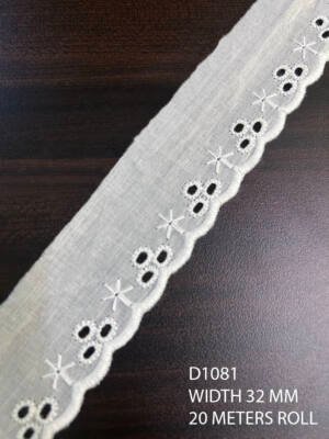 D1081 white embroidered lace trim, dyeable, 32mm width, floral cutout design, 20m roll