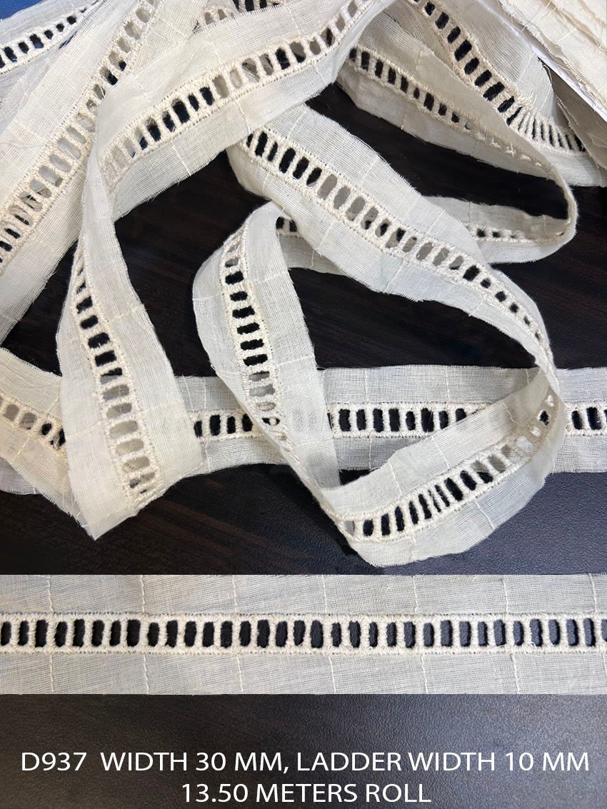 D937 ladder lace cotton embroidered greige dyeable 30mm width lace trim