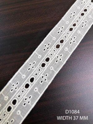 D1084 white fabric embroidered cotton lace 37mm width ribbon pass lace with eyelet holes dyeable cotton embroidery lace trim