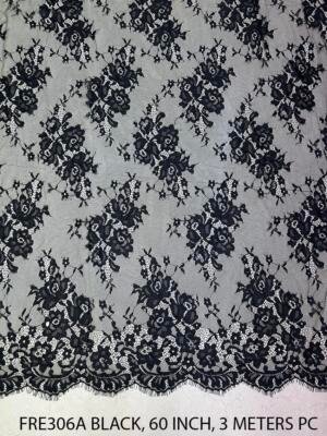 FRE306A black Chantilly eyelash lace fabric with floral bouquet design and both side scalloped borders