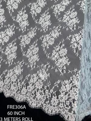 FRE306A white Chantilly eyelash lace fabric 60 inch width dyeable floral lace fabric with double scalloped borders for bridal gowns