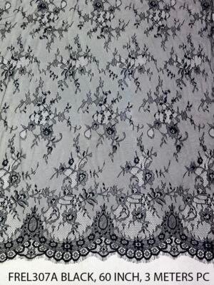 FREL307A black Chantilly eyelash lace fabric with floral vine embroidery and both side scalloped borders