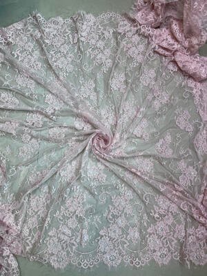 FRE38 light baby pink Chantilly eyelash lace fabric with floral embroidery and scalloped eyelash border