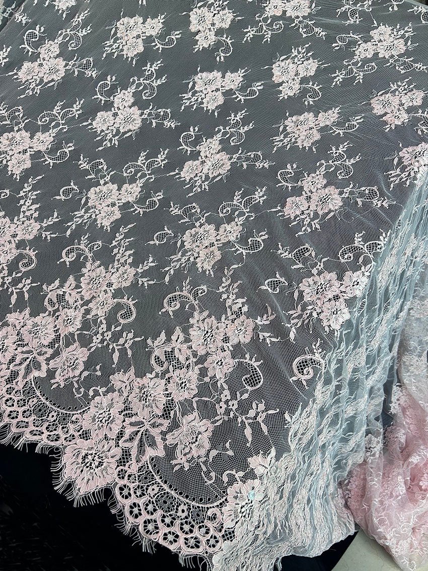 FRE38 light baby pink floral Chantilly lace fabric with eyelash border width 60 inch