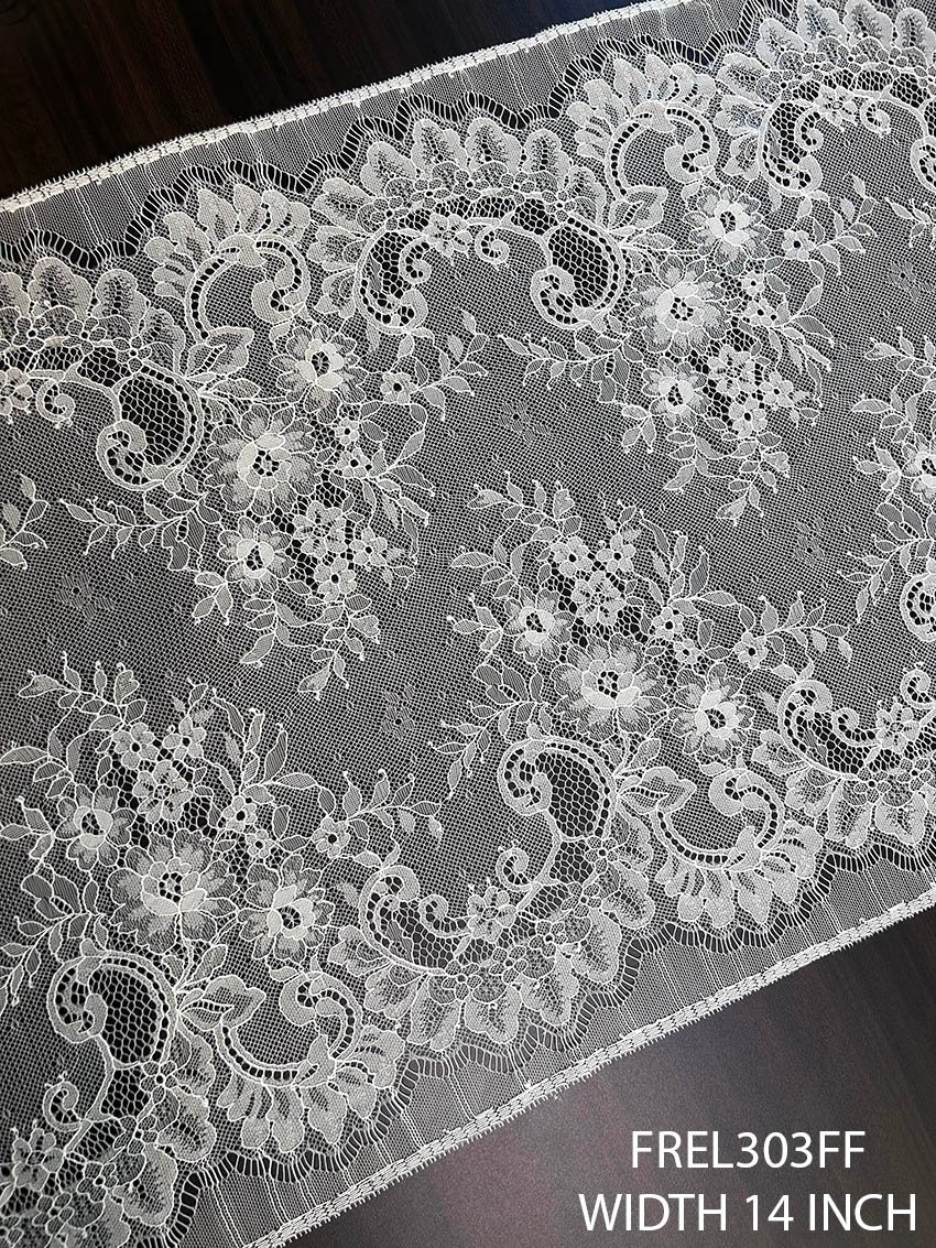 FREL303FF Chantilly lace with border 14 inch width floral eyelash lace trim white lace border
