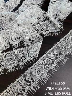 FREL309 white Chantilly eyelash lace trim with floral cluster pattern and eyelash fringe 55 MM
