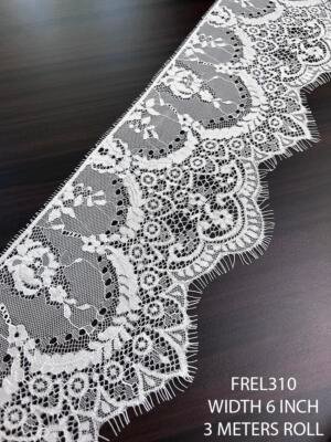 FREL310 white Chantilly eyelash lace trim with floral scroll pattern and eyelash fringe 6 inch