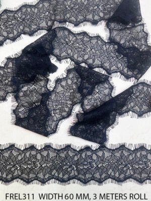 FREL311 black Chantilly eyelash lace trim with floral pattern and delicate eyelash edges