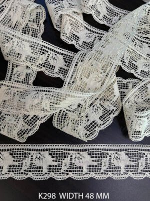 K298 cotton crochet greige dyeable lace trim 48 mm with geometric openwork design