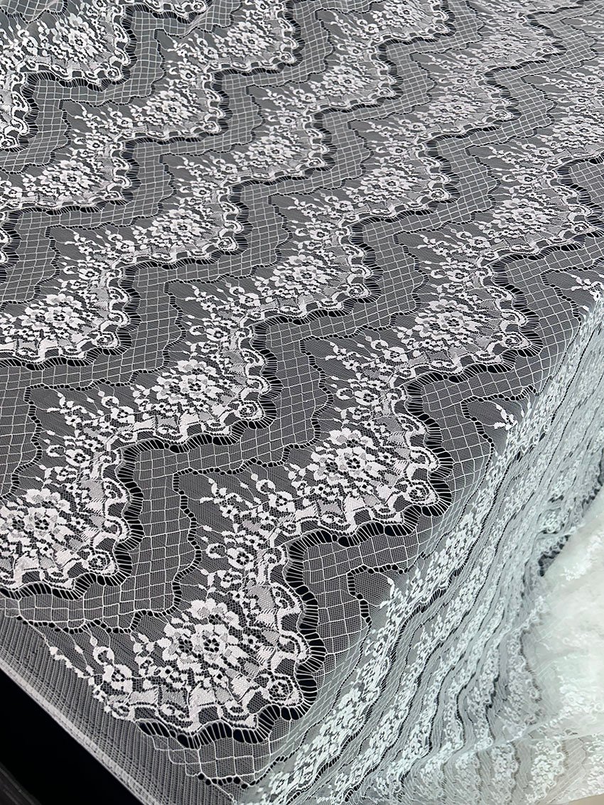 RF144 fine raschel lace fabric white dyeable nylon lace fabric width 60 inch floral geometric pattern
