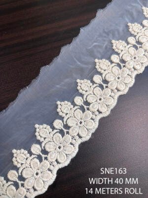 SNE163 cotton organza net floral lace 40mm width dyeable embroidered flower lace trim for dresses garments and fashion accessories