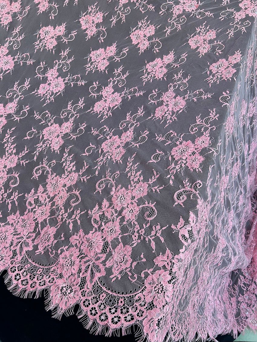 FRE38 pink Chantilly eyelash lace fabric 60 inch width floral bridal lace fabrics