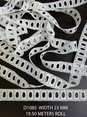 D1085 Embroidered Fabric Ribbon Pass Lace 23mm White Dyeable 19.50 Meter Roll