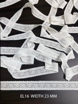 EL16 White Elastic Raschel Lace Trim 23 MM