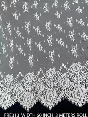 FRE313 white Chantilly lace fabric with floral bouquet pattern and double scalloped eyelash borders 60 inch