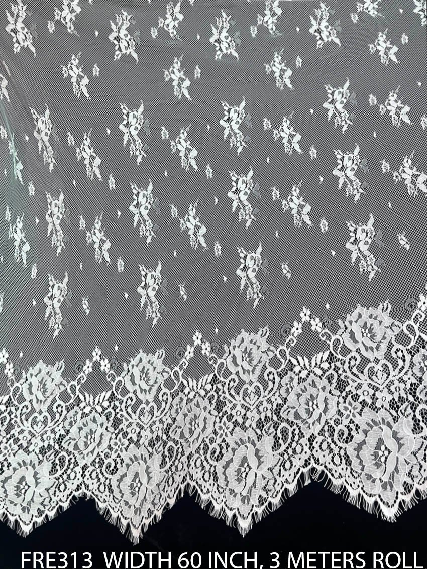 FRE313 white Chantilly lace fabric with floral bouquet pattern and double scalloped eyelash borders 60 inch