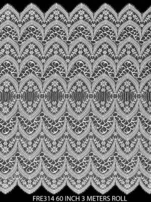 FRE314 white Chantilly lace fabric with floral geometric pattern and scalloped borders 60 inch