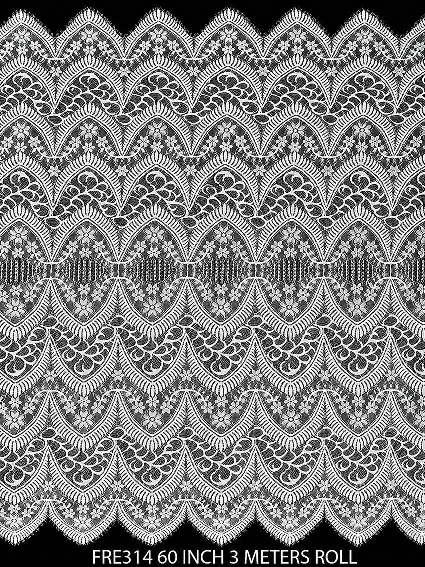 FRE314 white Chantilly lace fabric with floral geometric pattern and scalloped borders 60 inch