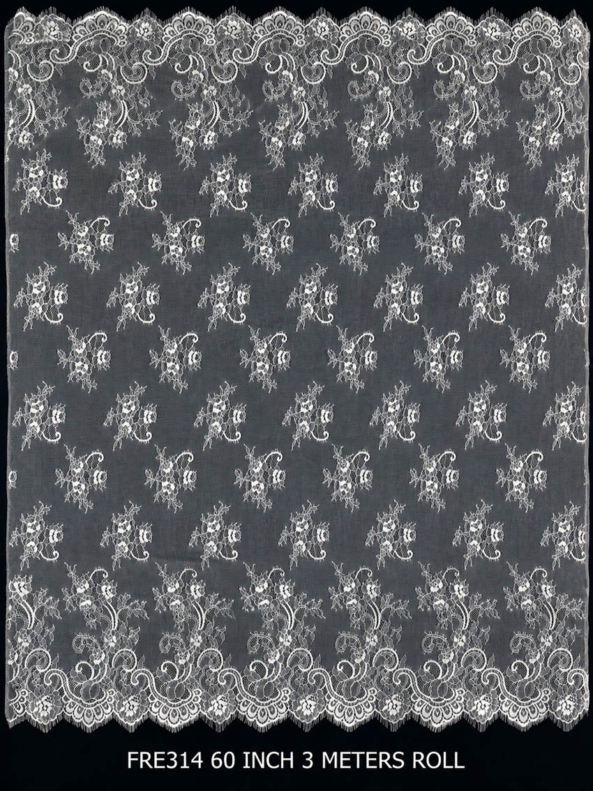 FRE315 white Chantilly eyelash lace fabric with floral bouquet pattern and scalloped border 60 inches