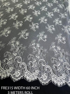 FRE315 white Chantilly eyelash lace fabric with floral bouquet pattern and scalloped border 60 inch
