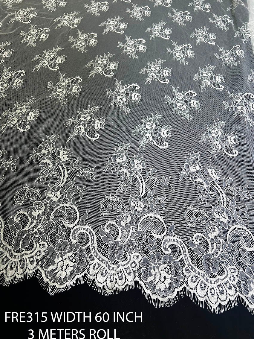 FRE315 white Chantilly eyelash lace fabric with floral bouquet pattern and scalloped border 60 inch