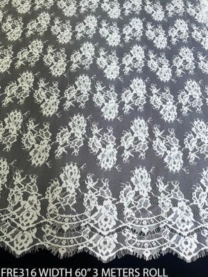FRE316 white Chantilly eyelash lace fabric with floral bouquet pattern and ornamental scalloped border 60 inch
