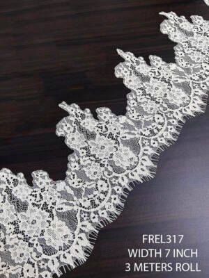 FREL317 pearl white 7 inch Chantilly border with floral vines for bridal garments