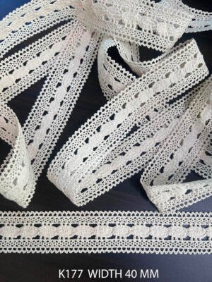 K177 greige cotton crochet dyeable lace 40 mm with textured openwork pattern