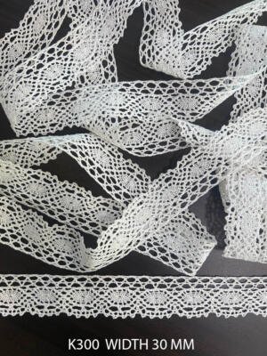 K300 white cotton crochet lace 30 mm with geometric openwork pattern