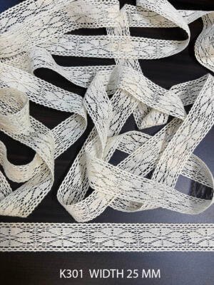 K301 griege cotton crochet lace 25 mm with leaf inspired openwork pattern