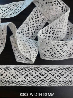 K303 Fine Cotton Floral Crochet Lace 50mm White Dyeable Decorative Cotton Lace Trim