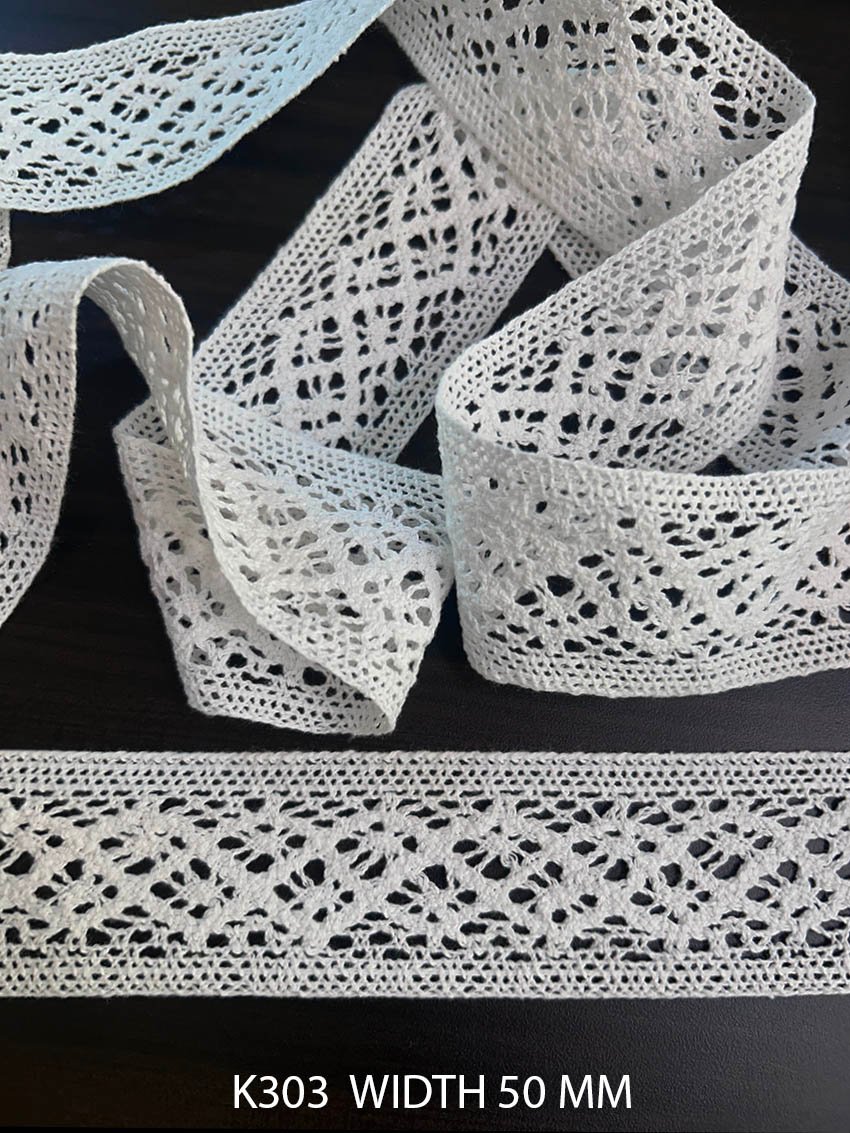 K303 Fine Cotton Floral Crochet Lace 50mm White Dyeable Decorative Cotton Lace Trim