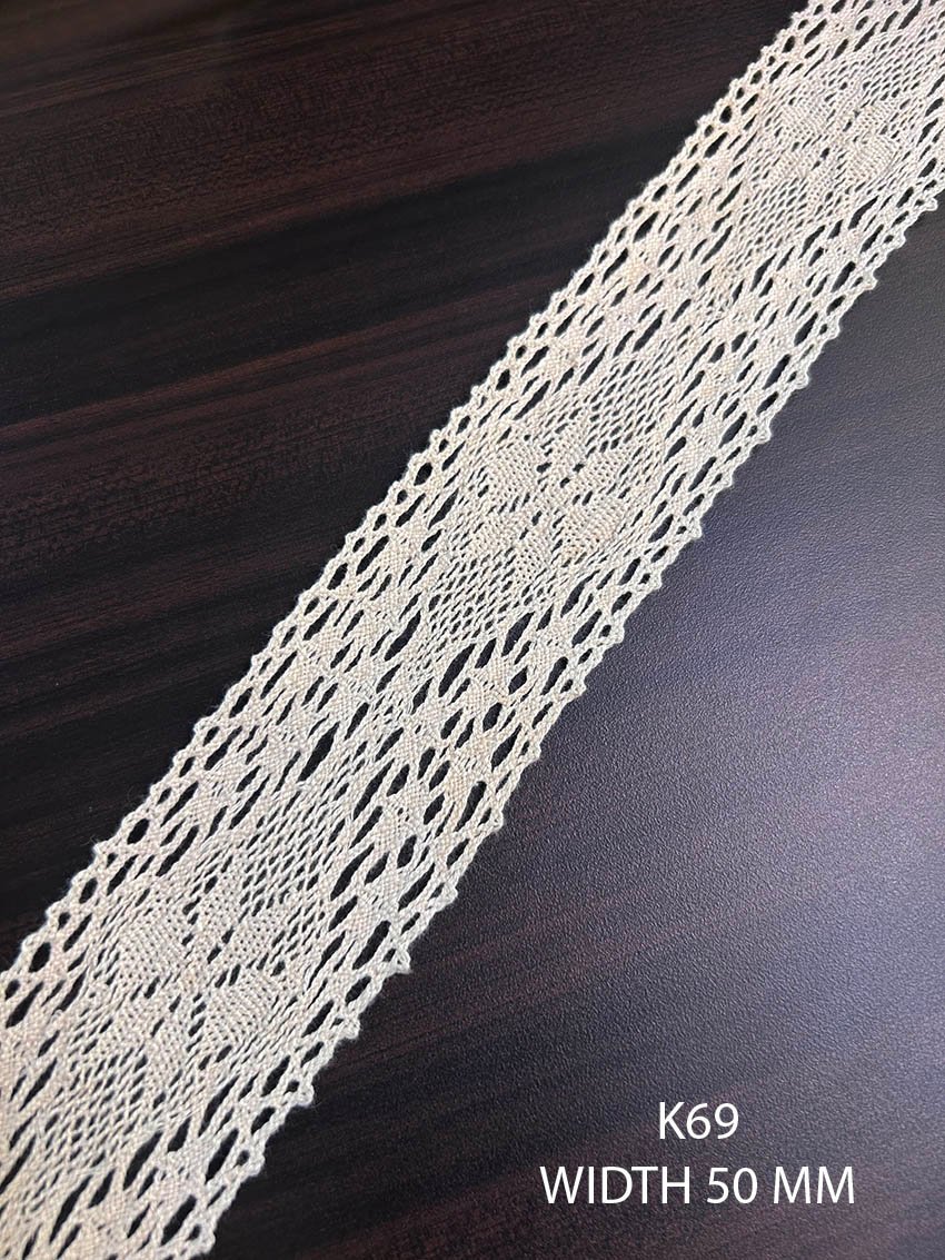 K69 cotton griege crochet lace dyeable 50 mm width