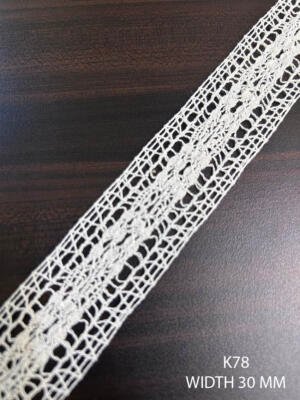 K78 white crochet lace 30 mm with central floral vine and geometric open mesh pattern