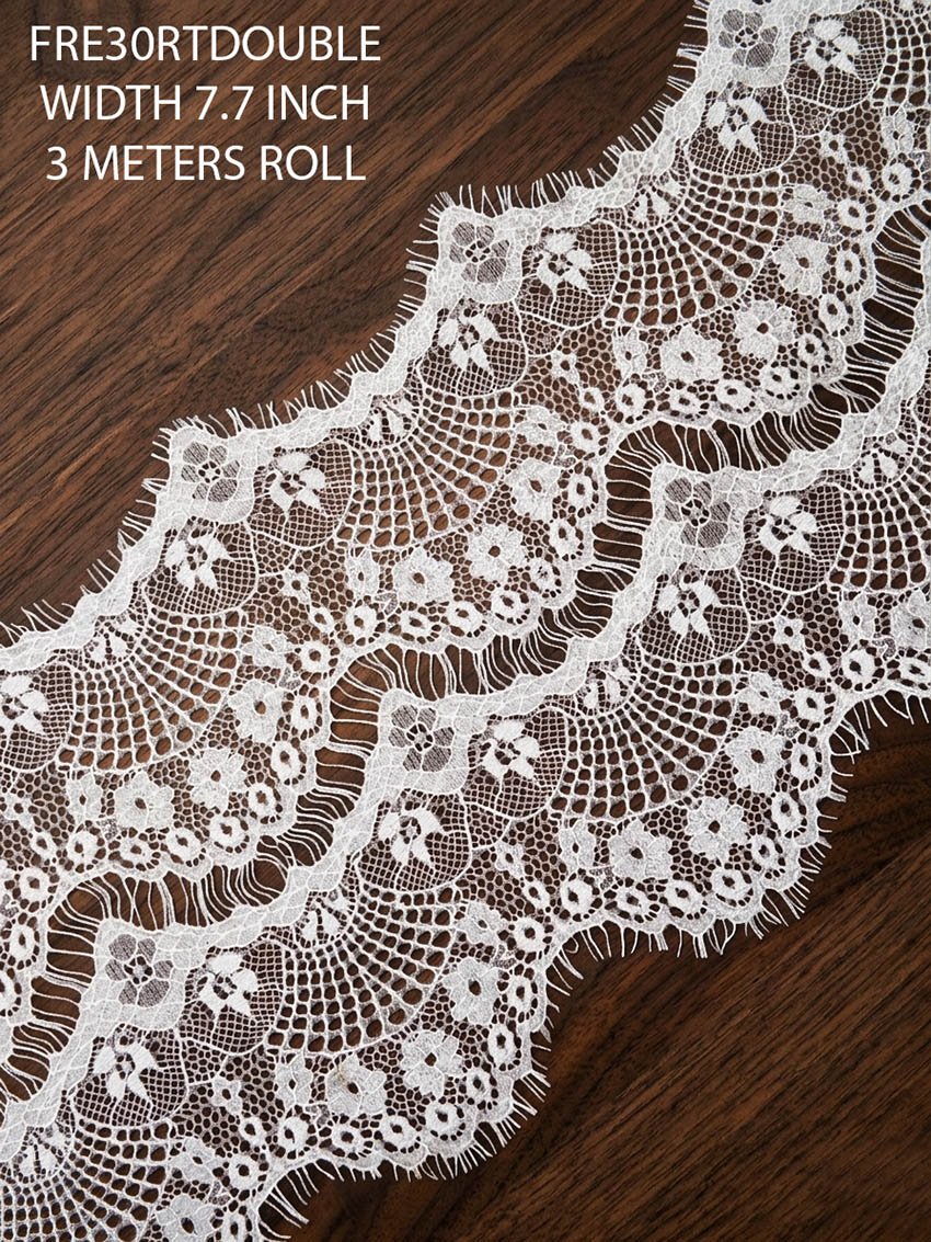FRE30RT 7.7 inch white Chantilly eyelash lace with floral motifs and delicate eyelash edges