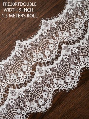 FRE30RT 9 inch white Chantilly eyelash lace with floral motifs and delicate eyelash edges