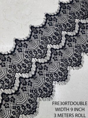 FRE30RTDOUBLE 9 inch black double eyelash lace with floral fan pattern and fringed edges