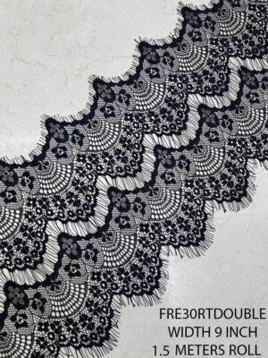 FRE30RTDOUBLE 9 inch black double eyelash lace with floral fan pattern and fringed edges
