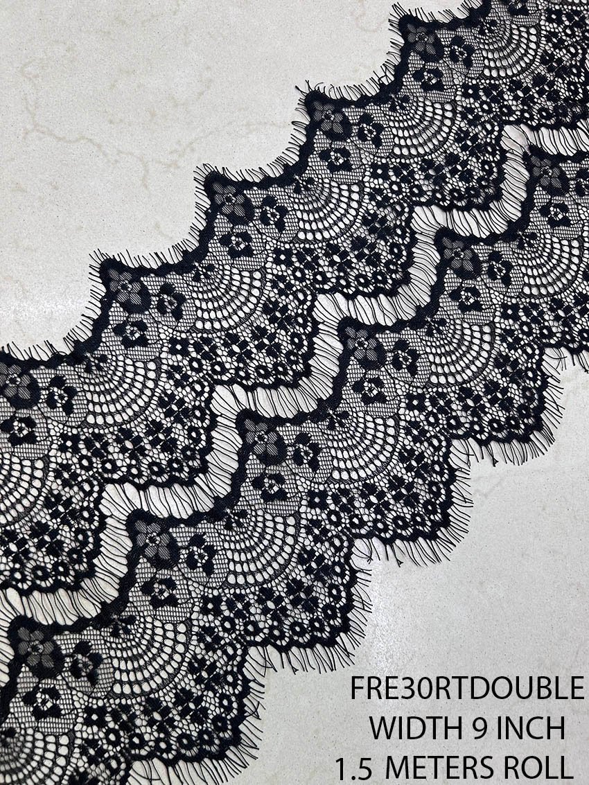 FRE30RTDOUBLE 9 inch black double eyelash lace with floral fan pattern and fringed edges