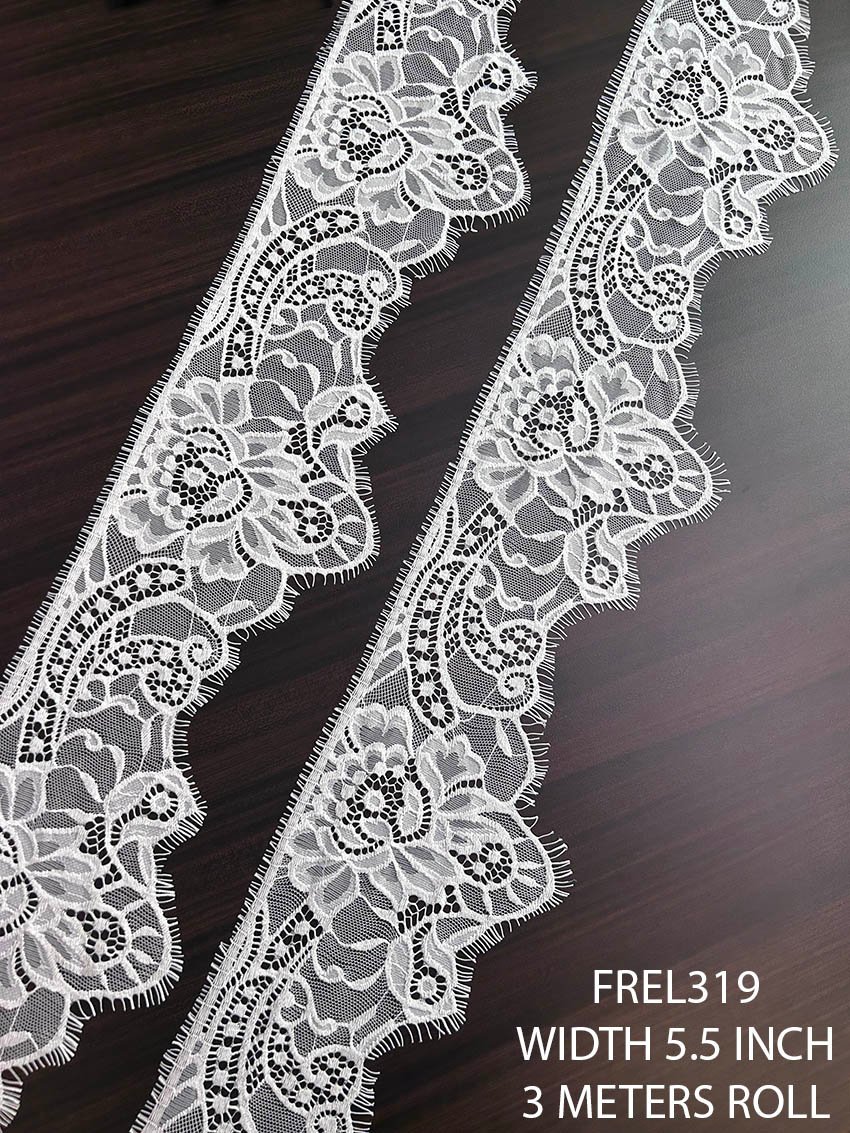 FREL319 White Chantilly Eyelash Bridal Lace 5.5 Inch Luxury Floral Lace 3 Meter Roll