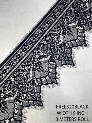 FREL320 Black Chantilly Eyelash Luxury Lace 9 Inch Floral Bridal Lace 3 Meter Roll